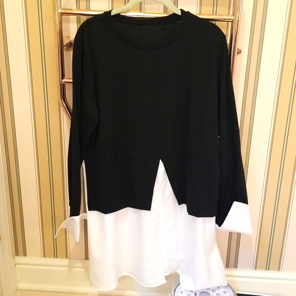 TUNIC with black top and sleeves accented with white rayon bottom and cuffs